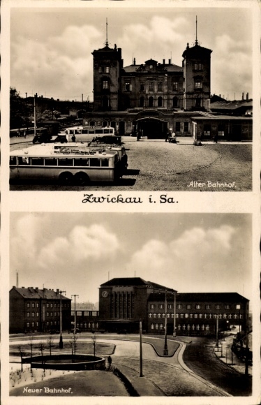 Postcard Zwickau in Saxony, Old Station, New Station, Buses