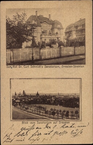 Postcard Dresden Southeast Strehlen, Sanatorium, Dr. Curt Schmidt, City Panorama