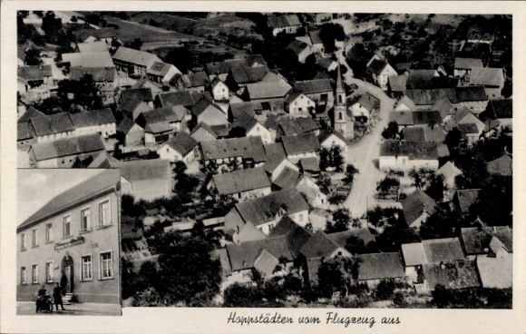 Postcard Hoppstädten Weiersbach in the Nahe valley, aerial photograph, Gasthaus Theodor Emrich