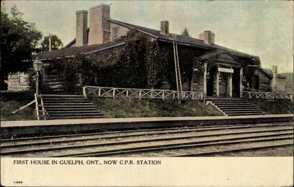 Postcard Guelph Ontario Canada, First House in Guelph, CPR Station