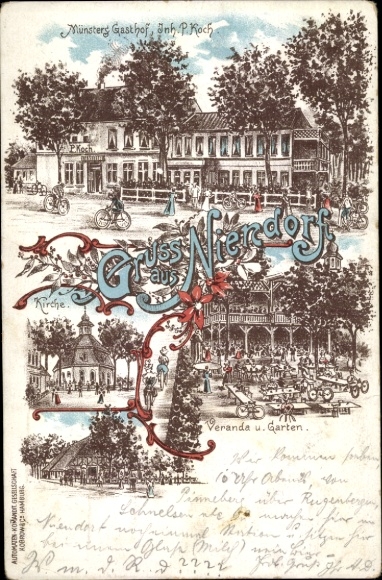 Chromo-Litho Hamburg Eimsbüttel Niendorf, Münsters Gasthof, church