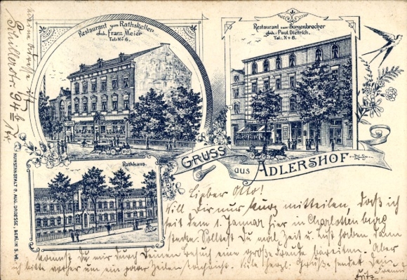 Postcard Berlin Treptow Adlershof, front view of Restaurant Rathskeller, Restaurant Sorgenbacher, R