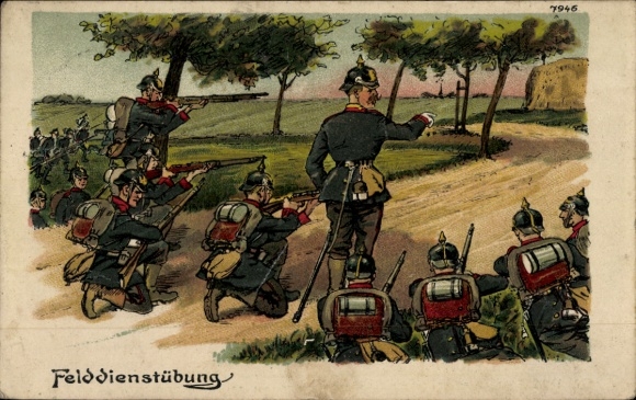Chromo-Litho field service exercise, soldiers, World War I