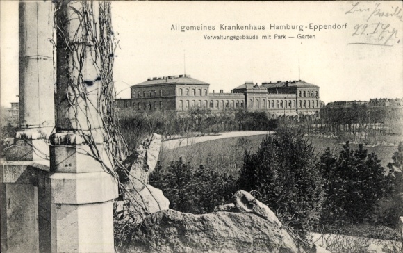 Postcard Hamburg Nord Eppendorf, general hospital, administration building, park, garden