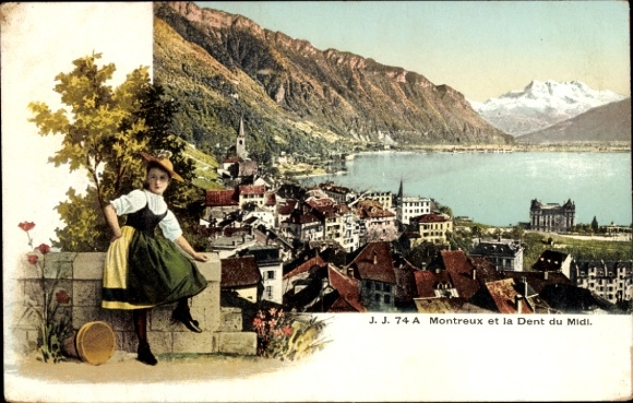 KP Montreux, kanton Vaud, Szwajcaria, krajobraz górski, Dent du Midi, dziewczyna w tradycyjnym stroju