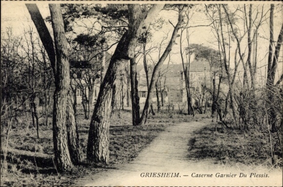 Postcard Griesheim near Darmstadt, forest path, Caserne Garnier Du Plessis, trees