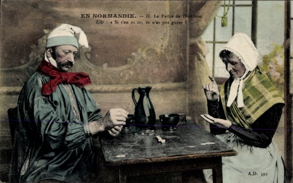 Postcard En Normandie, La Partie de Dominos, couple in traditional costume