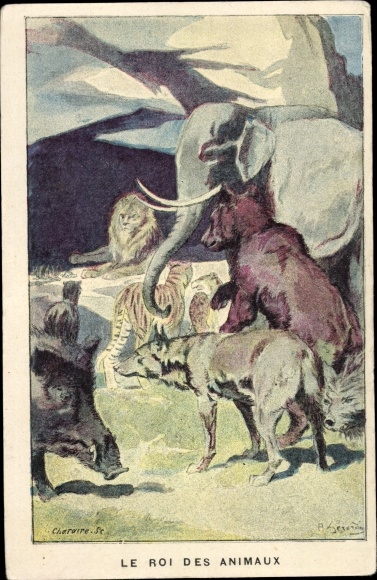 Artist PC lion as king of animals, fable, elephant, wolf, tiger, wild boar