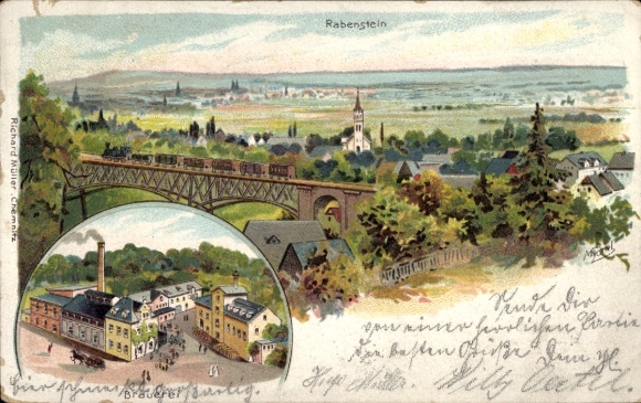 Artist Chromo-Litho Rabenstein Chemnitz in Saxony, Panorama, Railway Bridge, Partial View