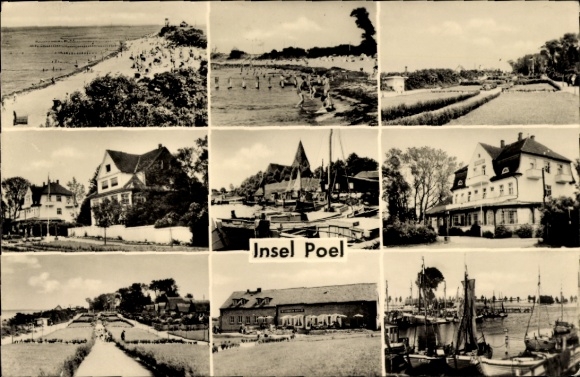 Postcard Insel Poel Mecklenburg, church village, black bush, harbor, beach