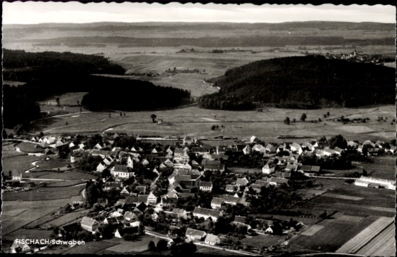 Postcard Fischach in Swabia, aerial view of rural surroundings, several buildings, fields
