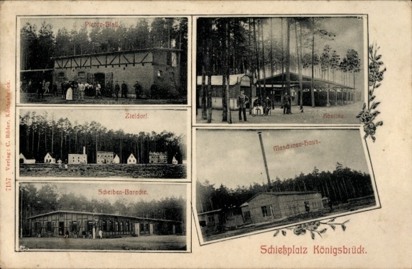 Postcard Königsbrück in Upper Lusatia, various views, shooting range, engine house, Scheiben-B