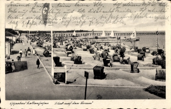 Postcard Kellenhusen in Ostholstein, beach party, sand banks, beach chairs, sailing boats