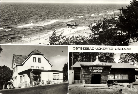 KP Ostseebad Ückeritz na wyspie Uznam, plaża, kawiarnia komunalna, chata rybacka