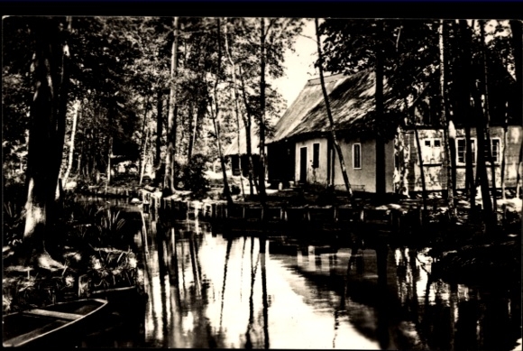 Ak Lehde Lübbenau im Spreewald, Landschaftsaufnahme, Fluss, Häuschen, Bäume, ruhiges Wasser