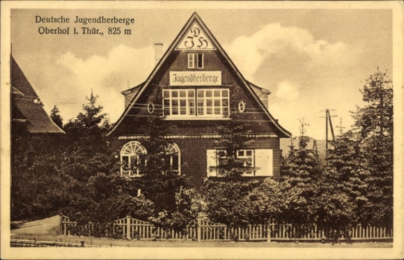 Postcard Oberhof in the Thuringian Forest, German Youth Hostel, building, forest, 825 m