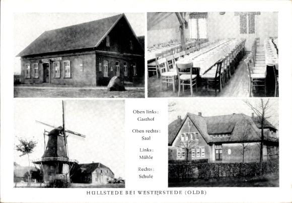 Postcard Hüllstede Westerstede in Lower Saxony, inn, hall, windmill, school