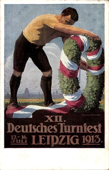 Artist Postcard Krasselt, G., Leipzig, XII. German Gymnastics Festival 1913, Festive wreath