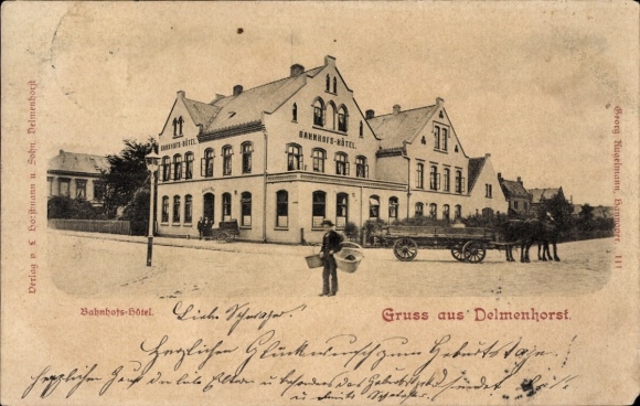 Postcard Delmenhorst in Oldenburg, Bahnhofs-Hotel, Greetings from