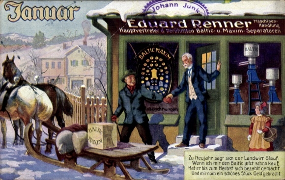 Artist Postcard January, advertising Baltic Separator GmbH, Baltic Maxim, farmer, sleigh team