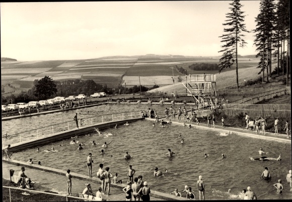 Postcard Raschau in the Ore Mountains, summer pool, swimming pool, bathers, diving platform