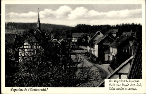 Ak Weyerbusch in het Westerwald, gedeeltelijk zicht, kerktoren, spreuk