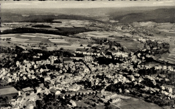 Postcard Beerfelden Oberzent in the Odenwald, aerial view of Beerfelden, Odenwald, rural surroundings, vi