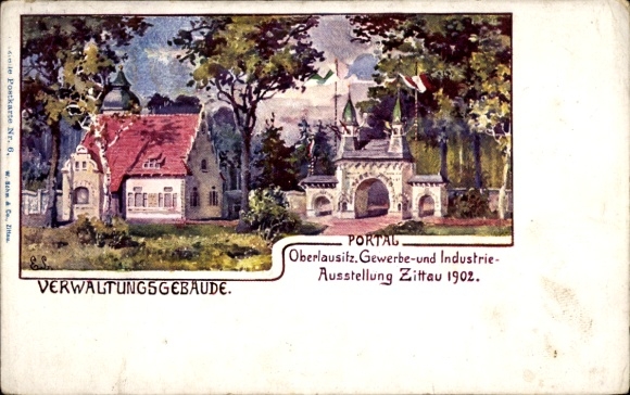 Ak Zittau in der Oberlausitz, Gewerbe- u. Industrieaustellung 1902, Verwaltungsgebäude, Portal