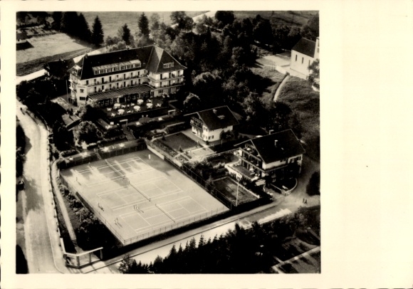 Postcard Bad Wiessee in Upper Bavaria, aerial view of Werner's Hotel Eden, tennis courts, surrounding nature