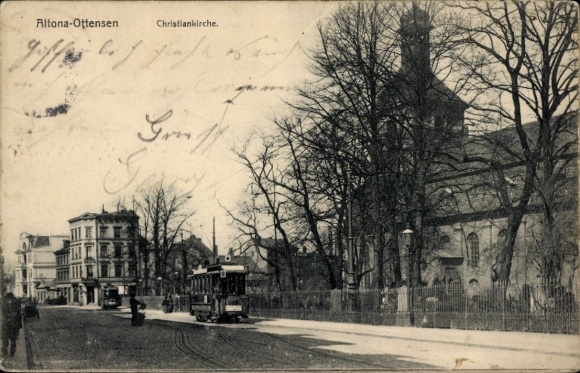 Postcard Hamburg Altona Ottensen, tram, Christiankirche