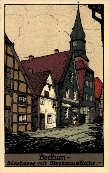 Steindruck Ak Beckum im Kreis Warendorf, Südstraße mit Stephanuskirche