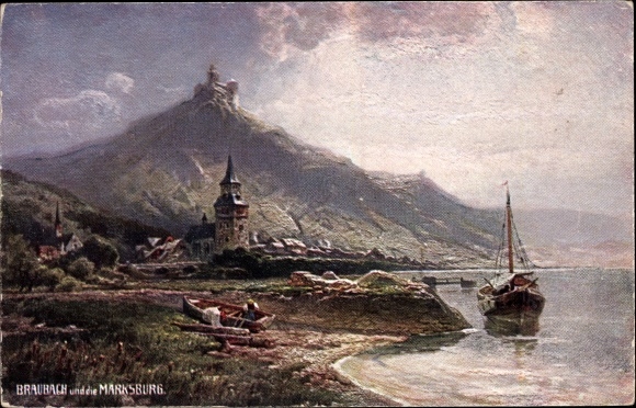 Artist PC Astudin, Braubach am Rhein, Marksburg, boat, church, river bank, logs
