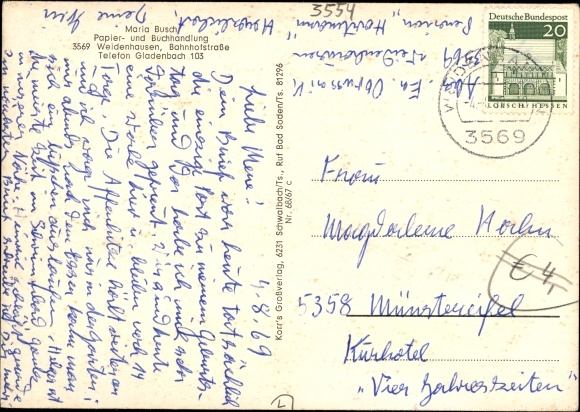 Postcard Weidenhausen in the Salzbödetal Gladenbach Hessen, village community center, swimming pool, forest mill