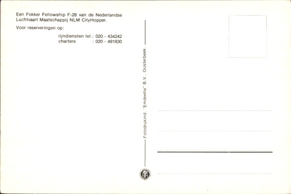 Postcard passenger aircraft Fokker Fellowship F-28, NLM City Hopper