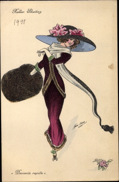 Artist Postcard Roller Skating, Descente rapide, elegant lady on roller skates