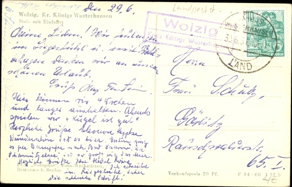 Postcard country postmark Wolzig district of Königs Wusterhausen, Wolzig, pier with entrance