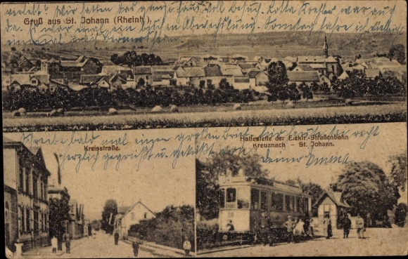 Ansichtkaart Sankt Johann Rheinhessen, halte van de elektrische tram, Kreisstraße, totaaloverzicht