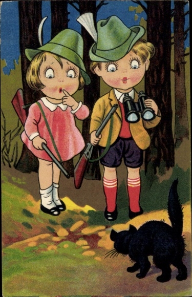 Postcard Two hunters meet a black cat, forest