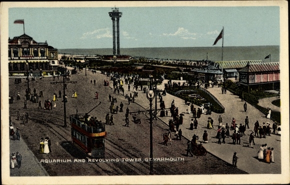 Postcard Great Yarmouth East of England, Aquarium and Revolving Tower, Straßenbahn