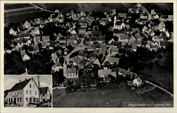 Postcard Magolsheim Münsingen in Württemberg, aerial photograph, Kirsamer department store