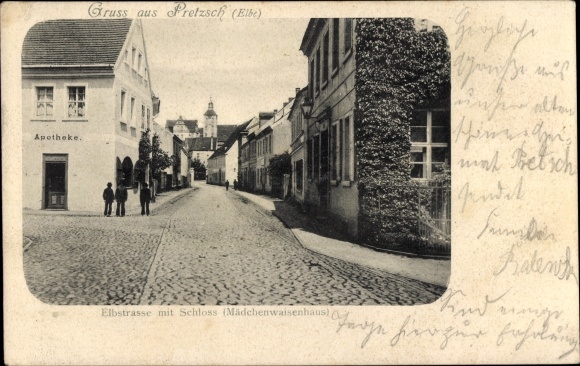 Ak Pretzsch Bad Schmiedeberg an der Elbe, Elbstraße mit Schloss, Mädchenwaisenhaus