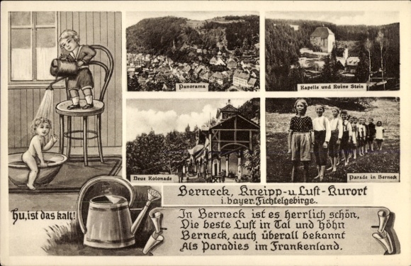 Postcard Bad Berneck in the Fichtelgebirge Bavaria, Panorama, Chapel, Ruin Stein, Parade, New Colonnade