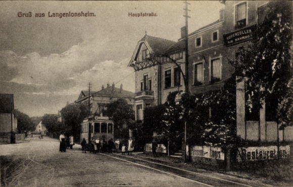 Postcard Langenlonsheim on the Nahe Pfalz, with street view, tram, houses, restaurant