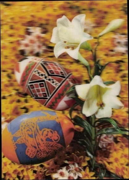3D Postcard Congratulations Easter, Easter Eggs and Lilies, Easter eggs, lilies