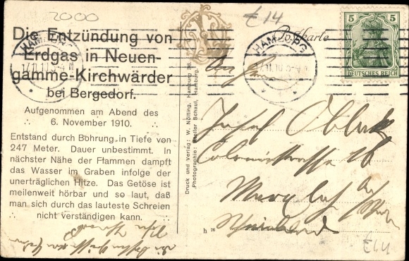PC Hamburg Bergedorf Neuengamme, natural gas fire 1910