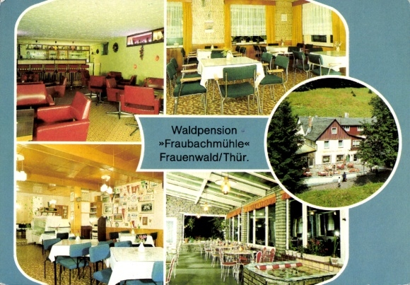 Postcard Frauenwald am Rennsteig Ilmenau in Thuringia, forest guesthouse, Fraubachmühle, restaurant, bar, ...