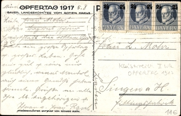 Artist PC Klein, Rich., Sacrifice Day 1917, Bavarian. State Committee of the Red Cross, wounded soldier