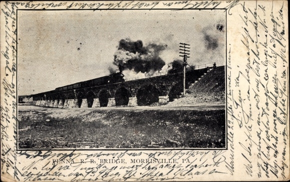 Postcard Morrisville Pennsylvania USA, Penna RR Bridge, Railroad Bridge, Steam Locomotive