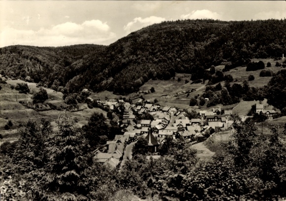 Postcard Gießübel in Thuringia, view of the village, Thuringian Forest, hills and wooded landscape
