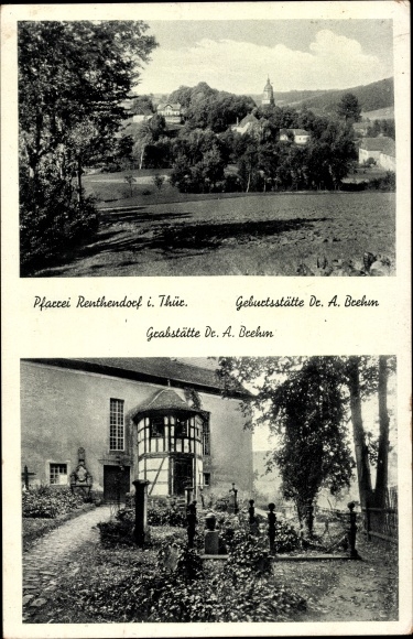Postcard Renthendorf in Thuringia, parish, birthplace of Dr. A. Brehm, Tomb, Panorama